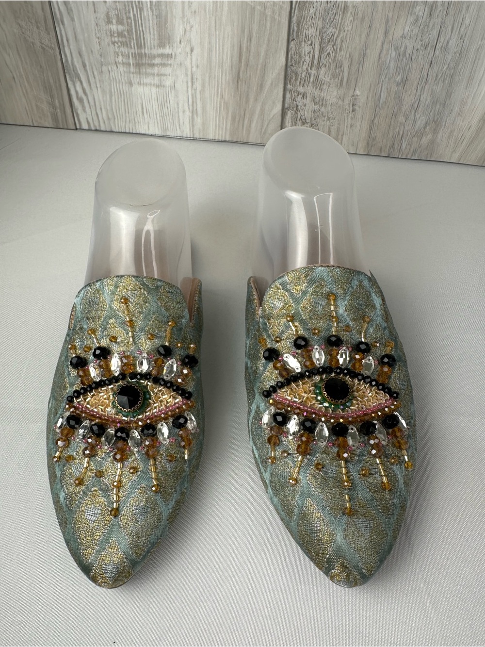 Embellished Eye Beaded Slip-On Mules in Teal